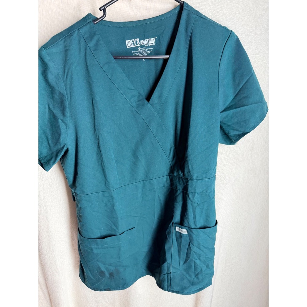 Greys Anatomy by Barco Womens Scrub Top Teal Green Mock Wrap V-Neck Large